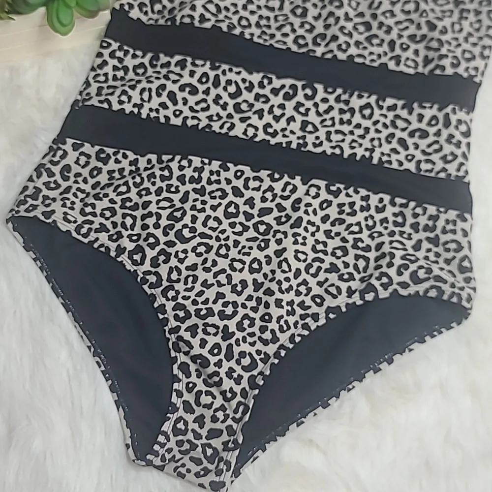 Pink Lily Leopard Print One-Piece Swimsuit in Black and Cream